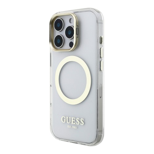 Guess для iPhone 16 Pro чехол PC/TPU Metal outline and Camera Stand Hard Transp/Gold (MagSafe)