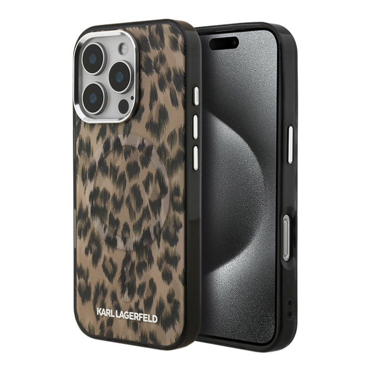 Karl Lagerfeld для iPhone 16 Pro Max чехол PC/TPU Leopard Metal camera Hard Brown (MagSafe)