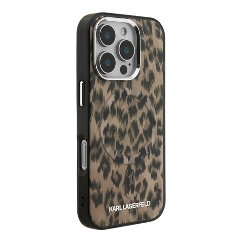 Karl Lagerfeld для iPhone 16 Pro Max чехол PC/TPU Leopard Metal camera Hard Brown (MagSafe)