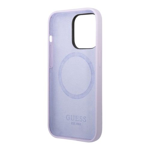 Чехол Guess Liquid Silicone Plate metal logo Hard для iPhone 14 Pro Max, фиолетовый (Magsafe)