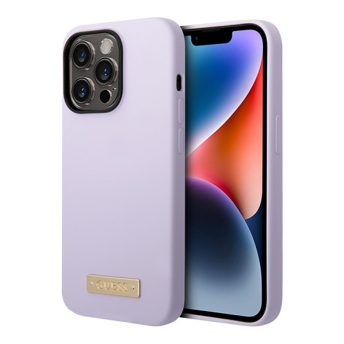 Чехол Guess Liquid Silicone Plate metal logo Hard для iPhone 14 Pro Max, фиолетовый (Magsafe)