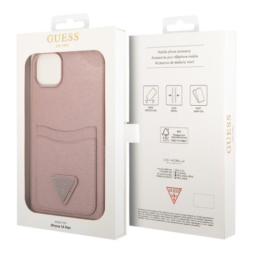 Чехол Guess PU Saffiano Double cardslot w Metal triangle logo Hard для iPhone 14 Plus, розовый