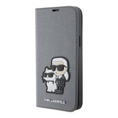 Чехол Lagerfeld PU Saffiano NFT Karl &amp; Choupette Booktype для iPhone 13 Pro, серебристый