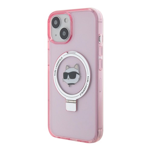 Karl Lagerfeld для iPhone 15 чехол PC/TPU + Ring stand NFT Choupette head Hard Pink (MagSafe)