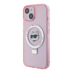 Karl Lagerfeld для iPhone 15 чехол PC/TPU + Ring stand NFT Choupette head Hard Pink (MagSafe)