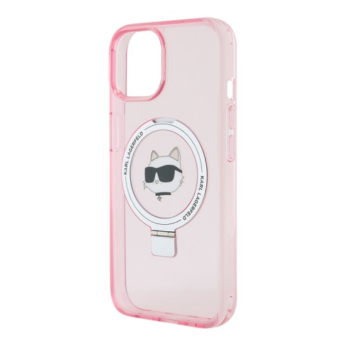 Karl Lagerfeld для iPhone 15 чехол PC/TPU + Ring stand NFT Choupette head Hard Pink (MagSafe)