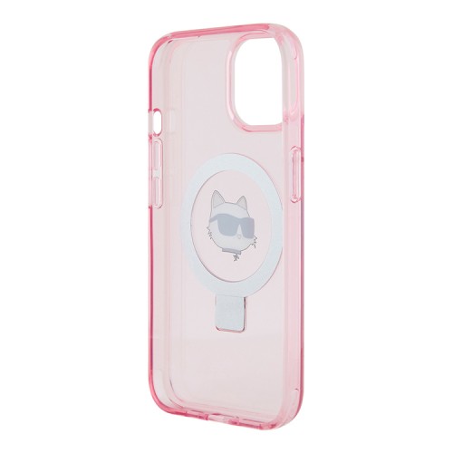 Karl Lagerfeld для iPhone 15 чехол PC/TPU + Ring stand NFT Choupette head Hard Pink (MagSafe)
