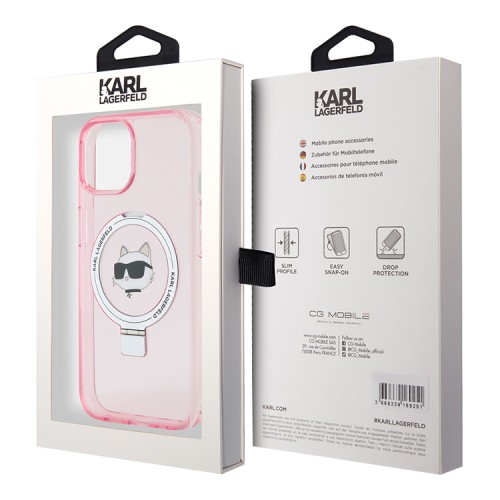 Karl Lagerfeld для iPhone 15 чехол PC/TPU + Ring stand NFT Choupette head Hard Pink (MagSafe)