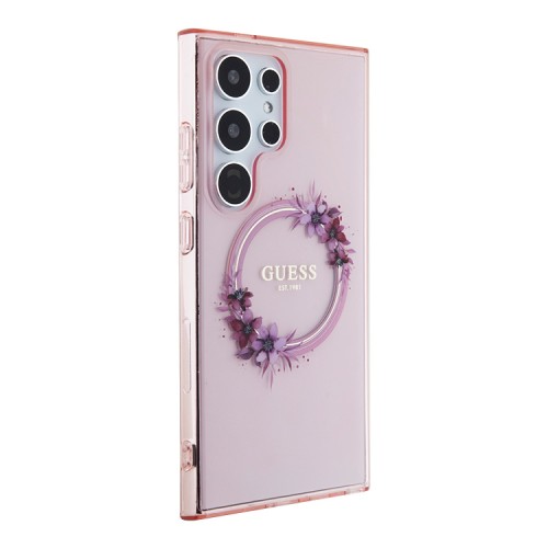 Guess для Galaxy S24 Ultra чехол PC/TPU Flowers Wreath Hard Pink (MagSafe)