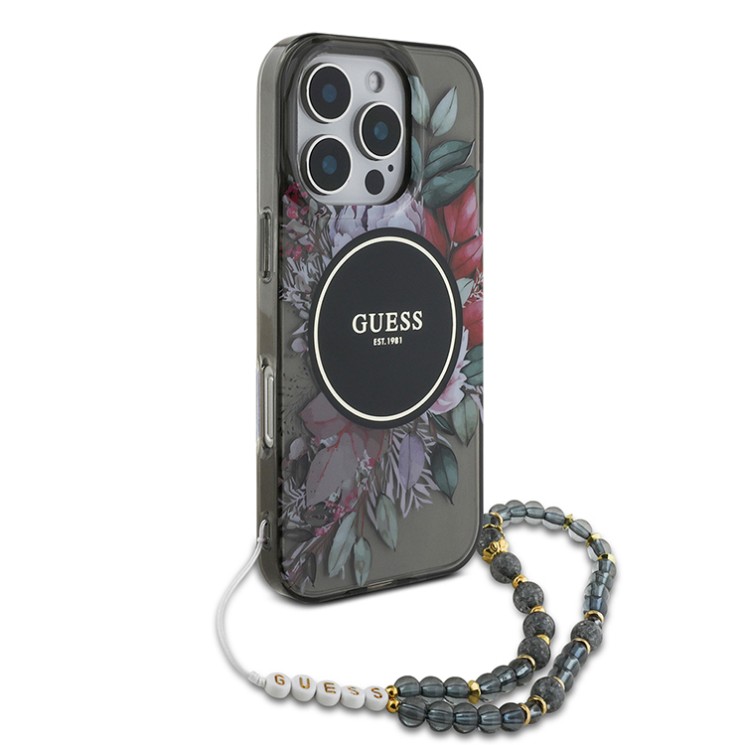 Guess для iPhone 16 Pro Max чехол PC/TPU Flowers + Pearl Hand Strap Black (MagSafe)