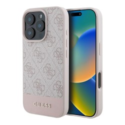 Guess для iPhone 16 Pro чехол PU кожа 4G Bottom stripe Metal logo Pink