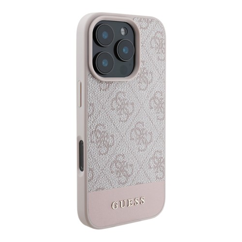 Guess для iPhone 16 Pro чехол PU кожа 4G Bottom stripe Metal logo Pink