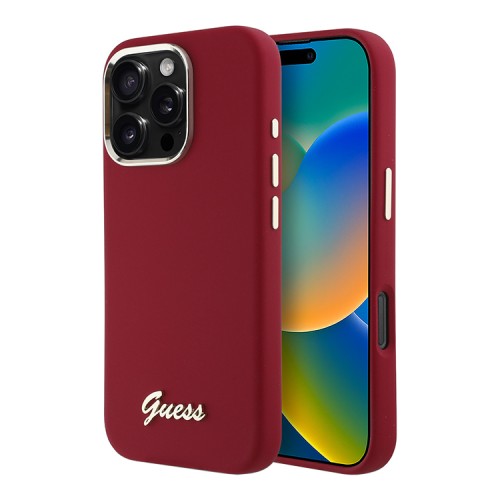 Guess для iPhone 16 Pro Max чехол Liquid silicone Gold metal logo & Camera frame Hard Magenta