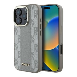 DKNY для iPhone 16 Pro Max чехол PU Checkered Metal logo Hard Beige (MagSafe)