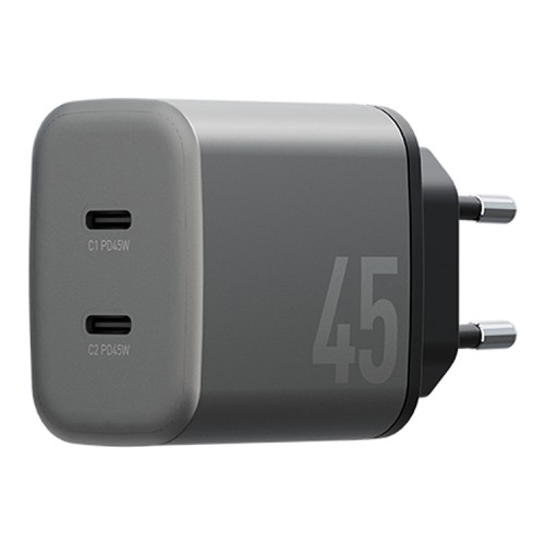 Energea СЗУ AmpCharge GaN45, 2USB-C PD/PPS/QC3.0 total 45W Gunmetal