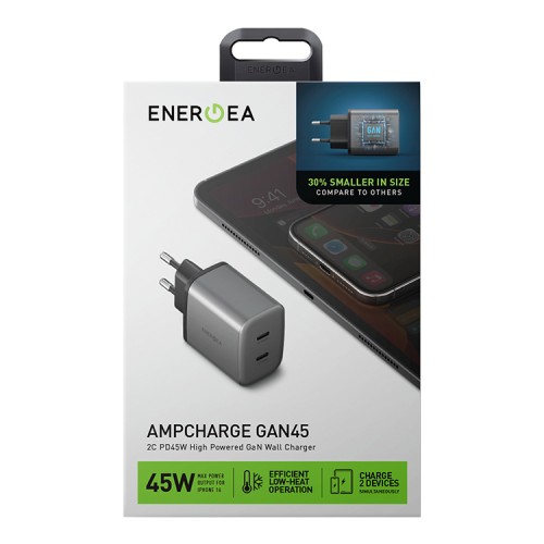 Energea СЗУ AmpCharge GaN45, 2USB-C PD/PPS/QC3.0 total 45W Gunmetal