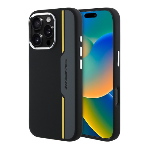 AMG для iPhone 16 Pro чехол Liquid silicone Bow Lines Metal camera Hard Black/Yellow (MagSafe)
