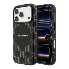 Karl Lagerfeld для iPhone 17 Pro Max чехол PU Full Wrapped Monogram Metal camera Hard Black (MagSafe)