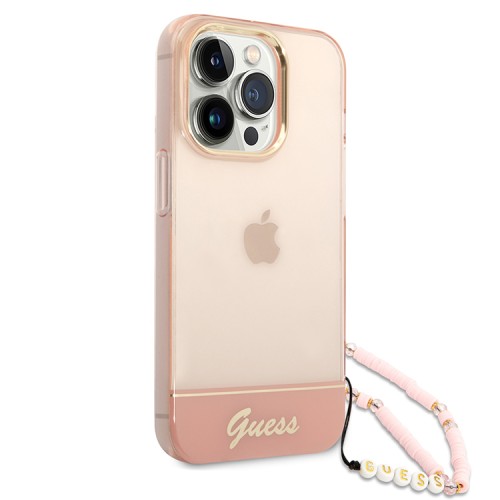 Чехол Guess Translucent w Electoplated camera Hard +hand Strap для iPhone 14 Pro, розовый