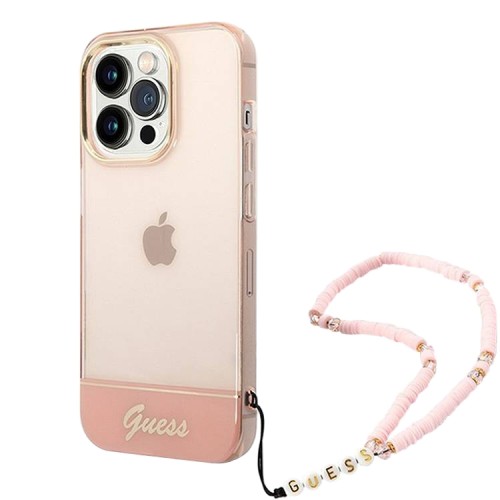 Чехол Guess Translucent w Electoplated camera Hard +hand Strap для iPhone 14 Pro, розовый