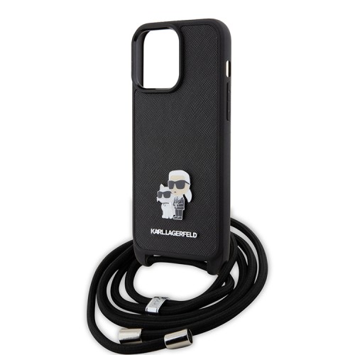 Lagerfeld для iPhone 15 Pro Max чехол Crossbody PU Saffiano NFT Karl & Choupette Metal Hard Black