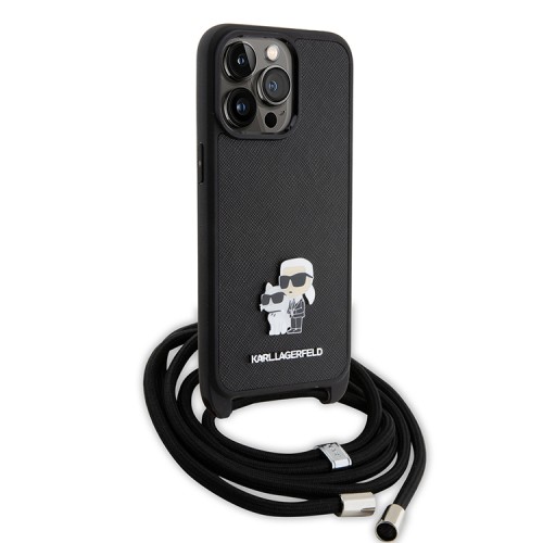 Lagerfeld для iPhone 15 Pro Max чехол Crossbody PU Saffiano NFT Karl & Choupette Metal Hard Black