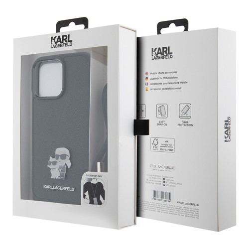 Lagerfeld для iPhone 15 Pro Max чехол Crossbody PU Saffiano NFT Karl & Choupette Metal Hard Black