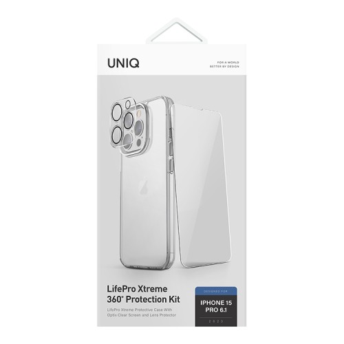 Uniq для iPhone 15 Pro набор Bundle 360 Clear (Lifepro Xtreme +Optix glass +Camera lens), прозрачный