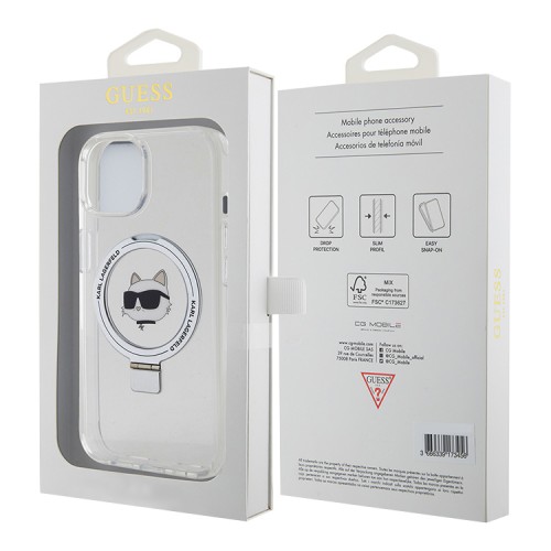 Karl Lagerfeld для iPhone 15 чехол PC/TPU + Ring stand NFT Choupette head Hard White (MagSafe)