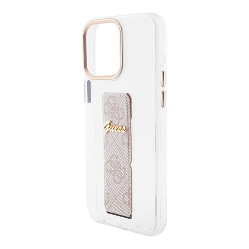 Guess для iPhone 15 Pro Max чехол GripStand PC/TPU 4G with Script metal logo Hard Clear/Pink