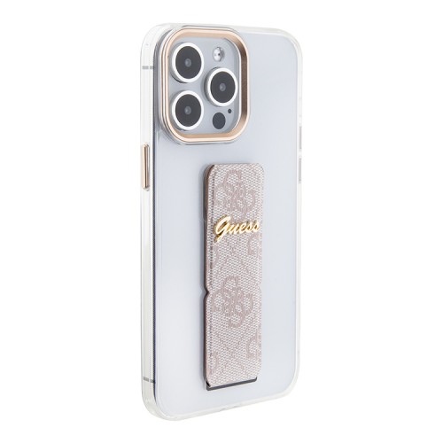 Guess для iPhone 15 Pro Max чехол GripStand PC/TPU 4G with Script metal logo Hard Clear/Pink