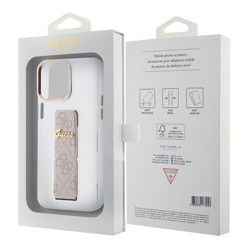 Guess для iPhone 15 Pro Max чехол GripStand PC/TPU 4G with Script metal logo Hard Clear/Pink