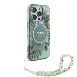 Guess для iPhone 16 Pro Max чехол PC/TPU Flowers + Pearl Hand Strap Green (MagSafe)