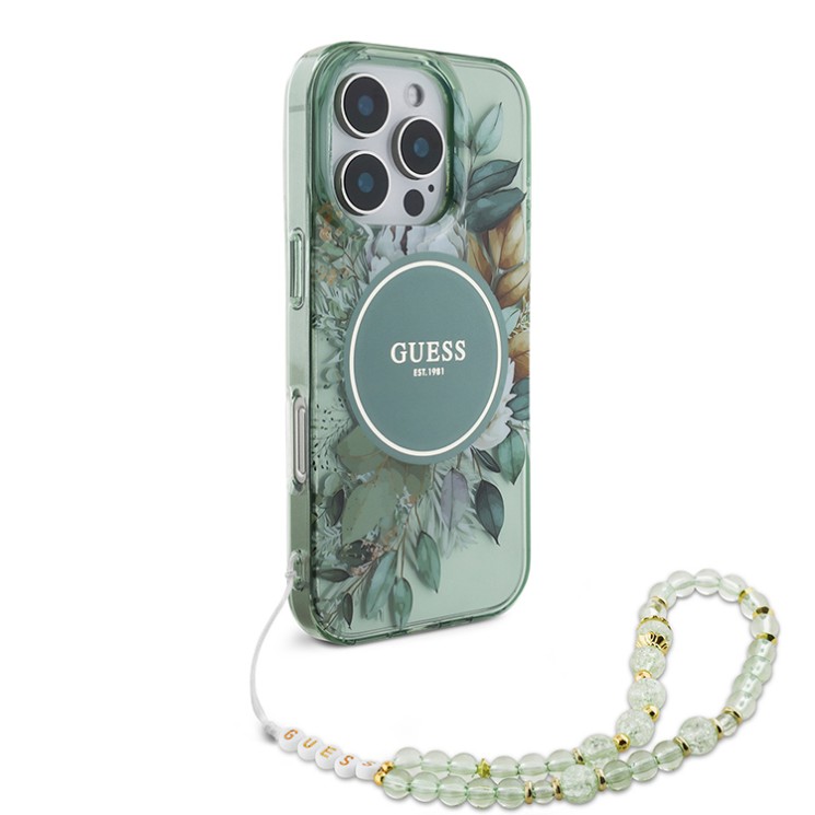 Guess для iPhone 16 Pro Max чехол PC/TPU Flowers + Pearl Hand Strap Green (MagSafe)