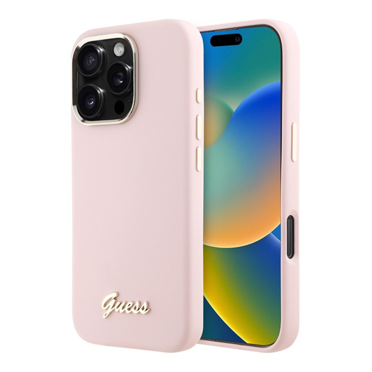Guess для iPhone 16 Pro Max чехол Liquid silicone Gold metal logo & Camera frame Hard Pink