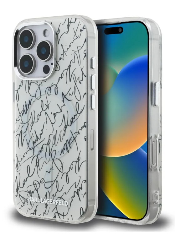 Karl Lagerfeld для iPhone 16 Pro Max чехол PC/TPU Script pattern Metal camera Hard White (MagSafe)