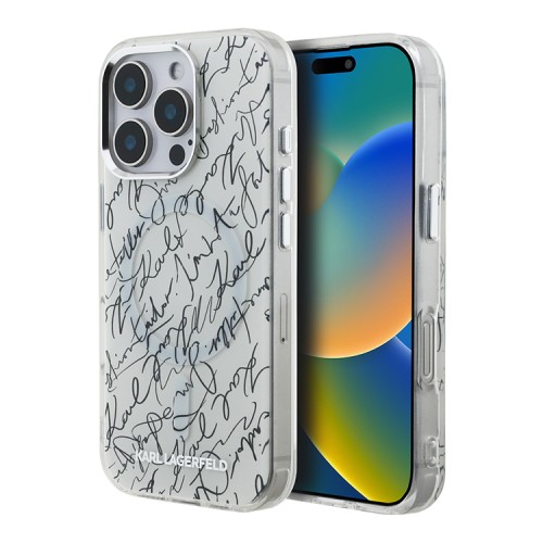 Karl Lagerfeld для iPhone 16 Pro Max чехол PC/TPU Script pattern Metal camera Hard White (MagSafe)