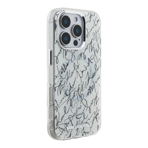 Karl Lagerfeld для iPhone 16 Pro Max чехол PC/TPU Script pattern Metal camera Hard White (MagSafe)