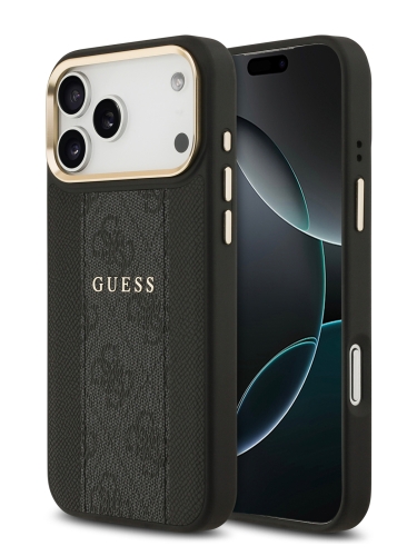 Guess для iPhone 17 Pro чехол PU 4G Stripe Classic metal logo Gold camera Hard Black (MagSafe)