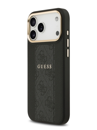 Guess для iPhone 17 Pro чехол PU 4G Stripe Classic metal logo Gold camera Hard Black (MagSafe)