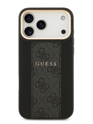 Guess для iPhone 17 Pro чехол PU 4G Stripe Classic metal logo Gold camera Hard Black (MagSafe)