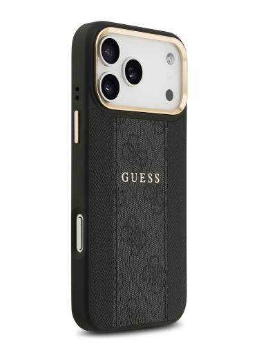 Guess для iPhone 17 Pro чехол PU 4G Stripe Classic metal logo Gold camera Hard Black (MagSafe)
