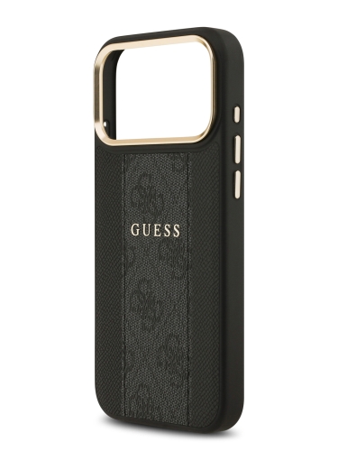 Guess для iPhone 17 Pro чехол PU 4G Stripe Classic metal logo Gold camera Hard Black (MagSafe)