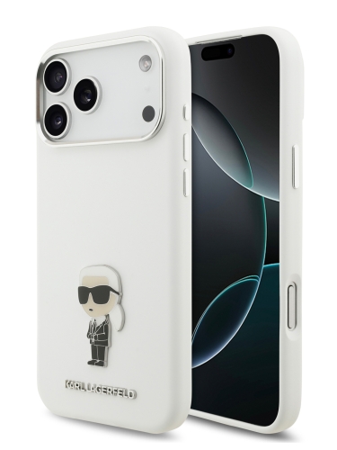 Karl Lagerfeld для iPhone 17 Pro чехол Liquid silicone NFT Karl Ikonik Metal pin & Camera Hard White