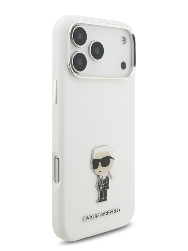 Karl Lagerfeld для iPhone 17 Pro чехол Liquid silicone NFT Karl Ikonik Metal pin & Camera Hard White