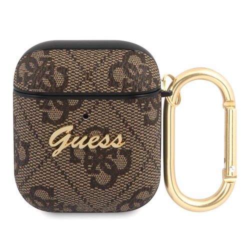 Чехол Guess PU leather 4G metal logo с карабином для Airpods 1/2, коричневый