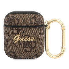 Чехол Guess PU leather 4G metal logo с карабином для Airpods 1/2, коричневый