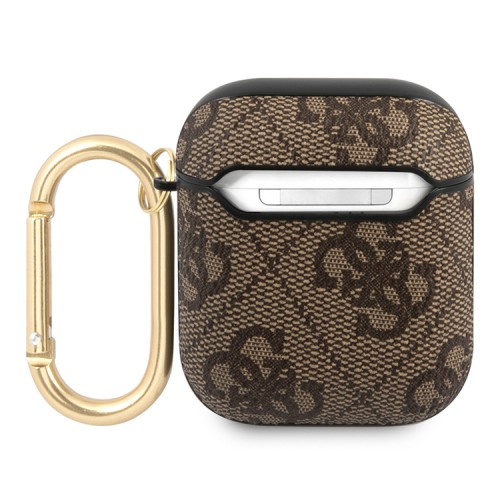 Чехол Guess PU leather 4G metal logo с карабином для Airpods 1/2, коричневый