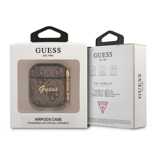Чехол Guess PU leather 4G metal logo с карабином для Airpods 1/2, коричневый