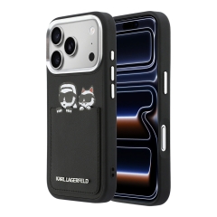 Karl Lagerfeld для iPhone 17 Pro Max чехол PU Smooth Sketch Karl&Choupette Metal Cam with Cardslot Black